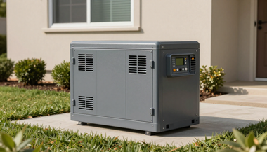 Gray portable generator on a concrete pad beside a house, with a small control panel visible.