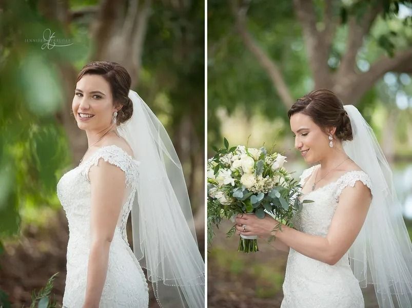 Bride in a White Lace Wedding Dress, Veil, and Bouquet, Smiling Outdoors — Villa Lamor in Balberra, QLD