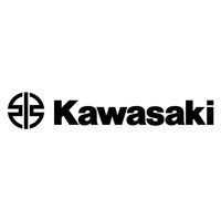 Logo Kawasaki: testo nero con un simbolo sul lato sinistro, su sfondo bianco.