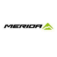 Logo del marchio di biciclette Merida in testo nero con l'icona di una montagna verde.
