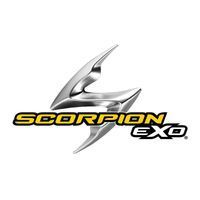 Logo Scorpion EXO: scorpione argento metallizzato su testo giallo