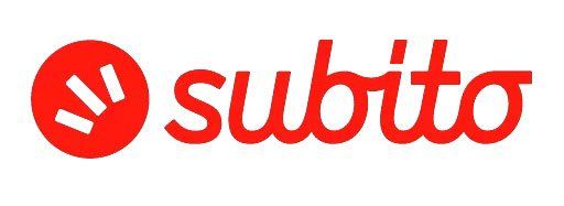 Logo Subito: cerchio rosso con linee bianche e marchio rosso.