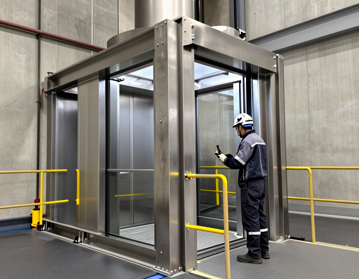 Un trabajador inspecciona una gran estructura metálica industrial en un almacén, con barandillas de seguridad amarillas cerca