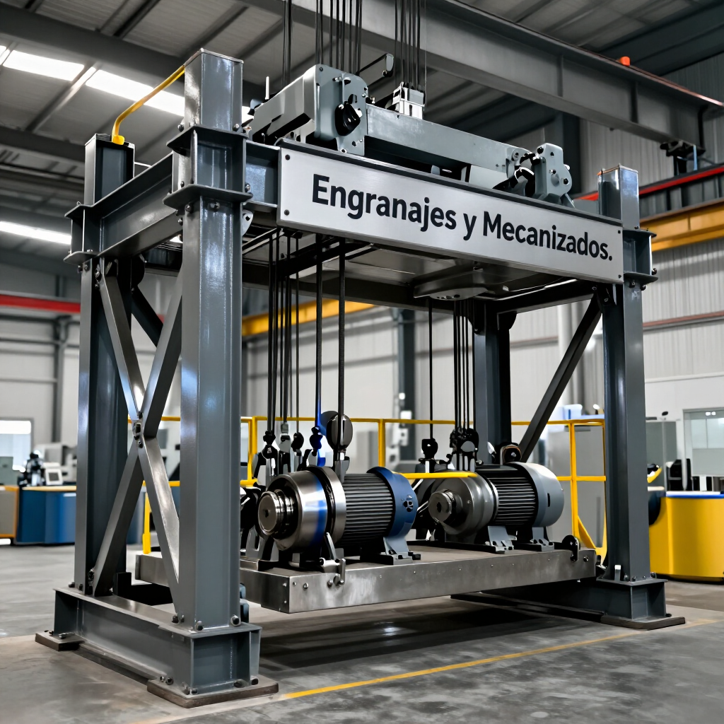 Máquina industrial con un letrero que dice «Engranajes y Mecanizados» en un taller de fábrica