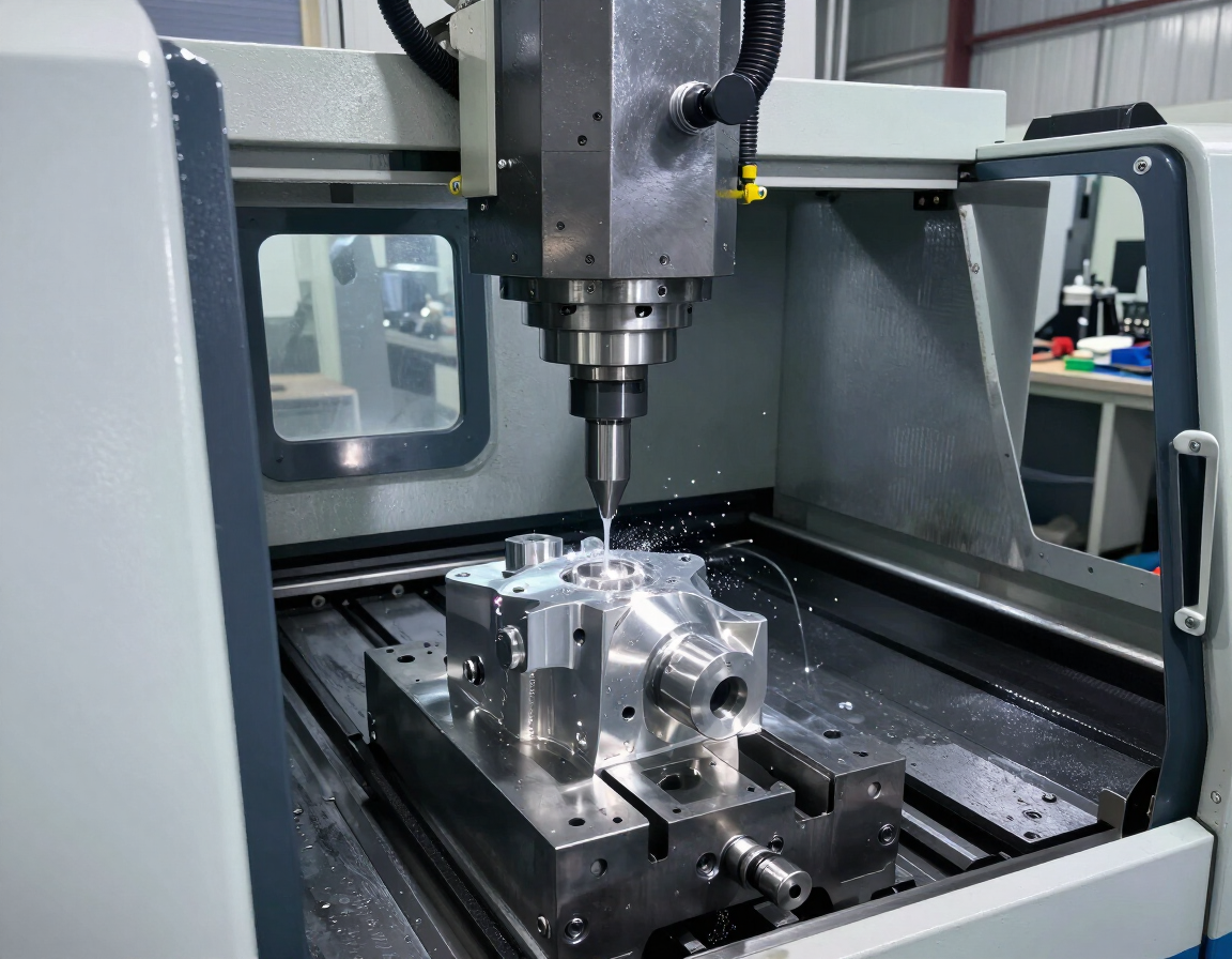 Fresadora CNC mecanizando una pieza metálica en una fábrica