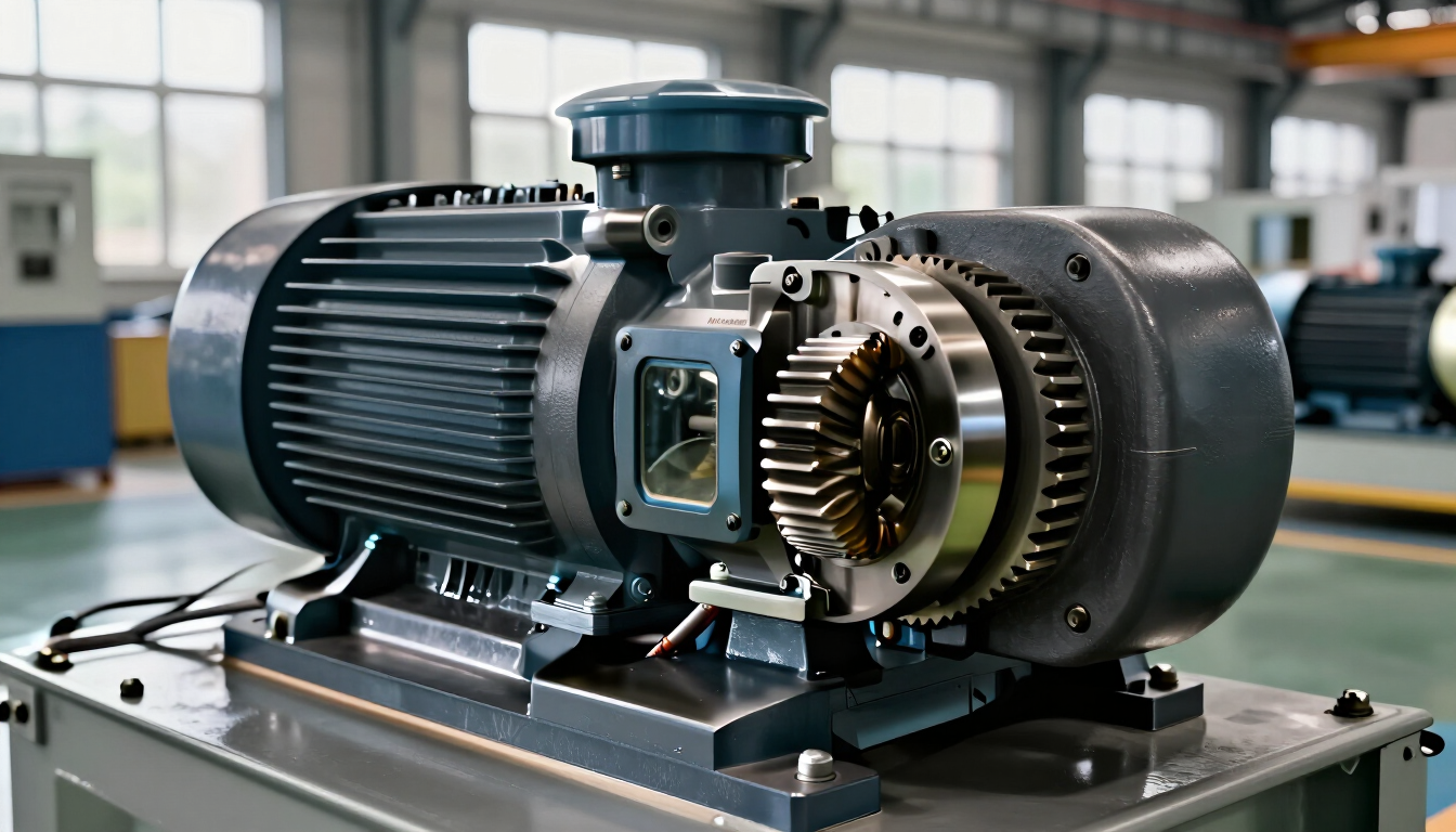Motor eléctrico industrial con engranajes expuestos sobre un banco de trabajo en un taller