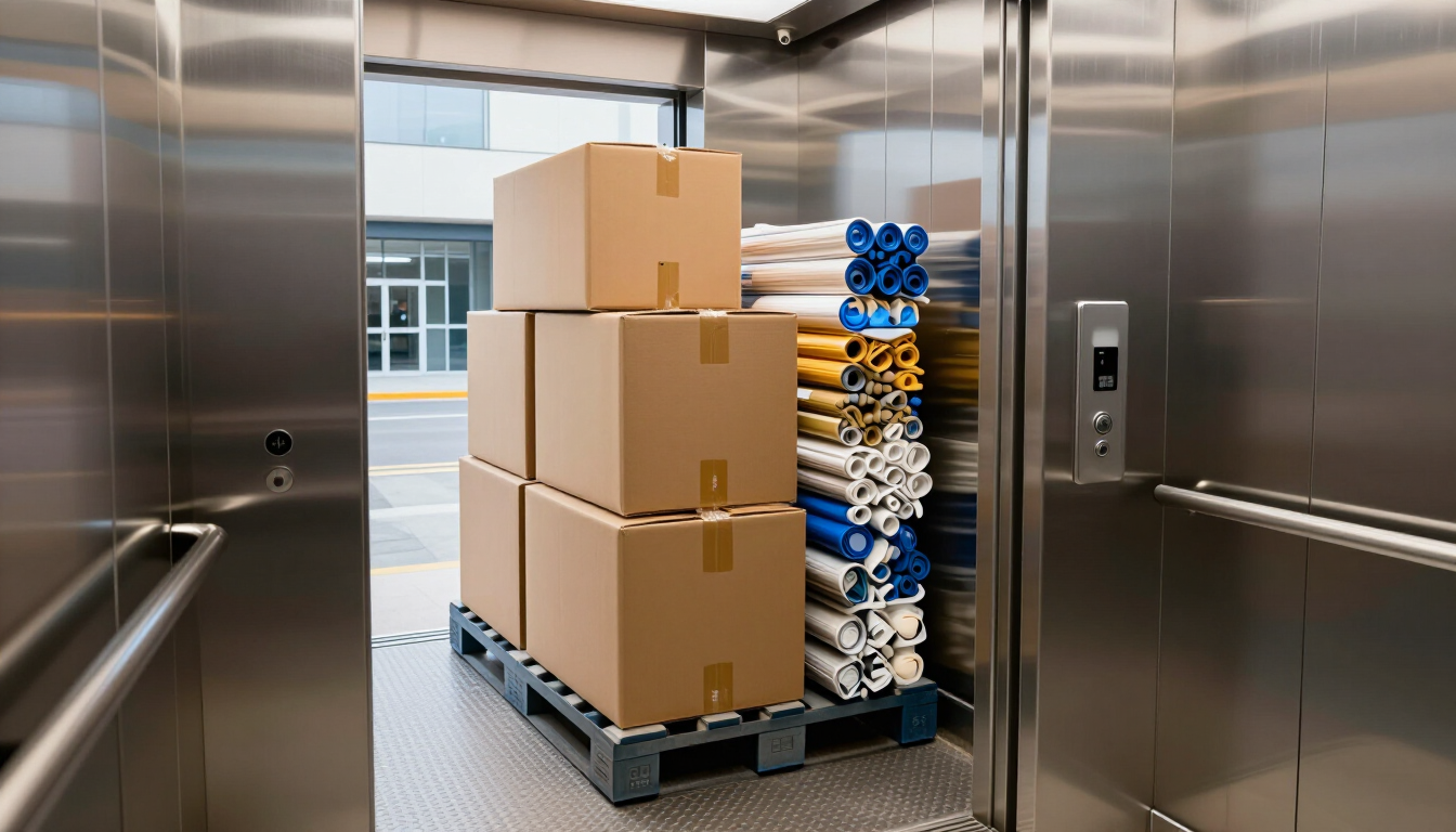 Cajas de cartón apiladas y artículos empaquetados sobre un palé dentro de un ascensor.