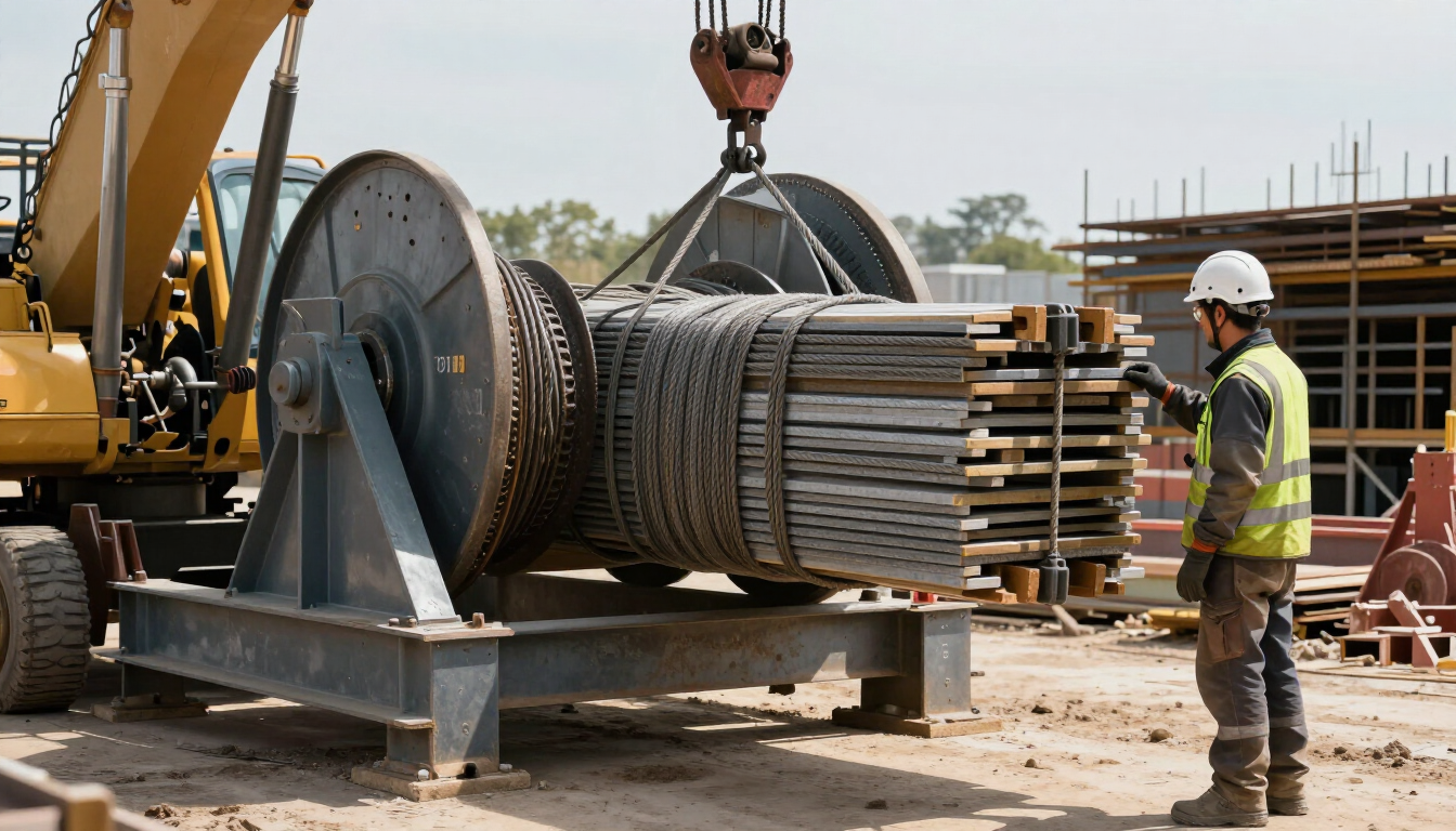Trabajador de la construcción junto a un gran carrete de cable industrial que una grúa está izando en una obra