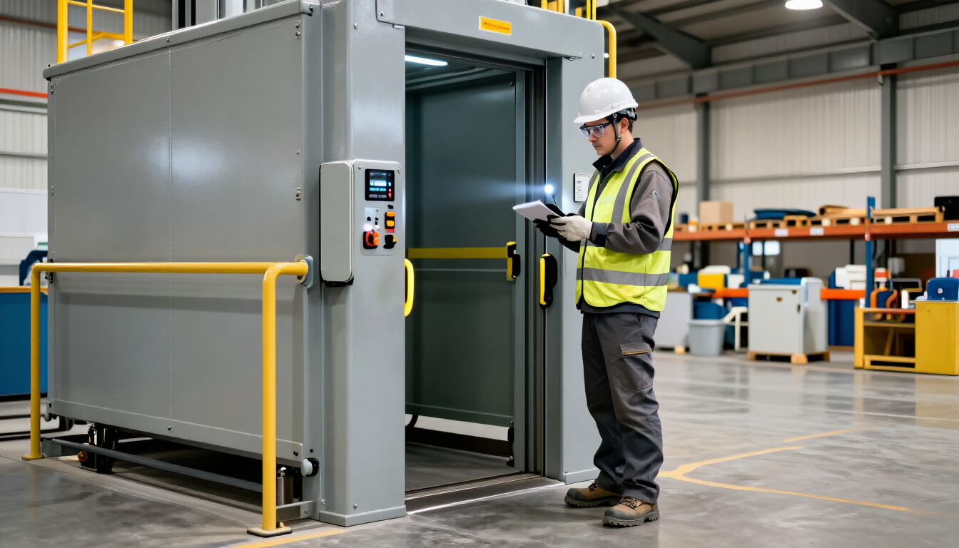 Un trabajador de pie junto a una gran máquina industrial gris en una fábrica, inspeccionando su panel de control.