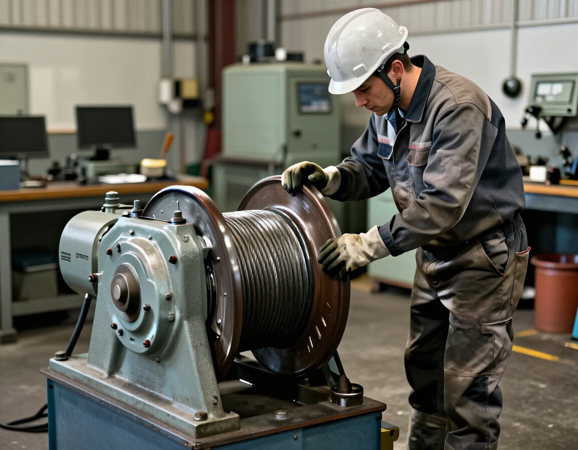 Un trabajador con casco y guantes inspecciona una gran bobina industrial en un taller.