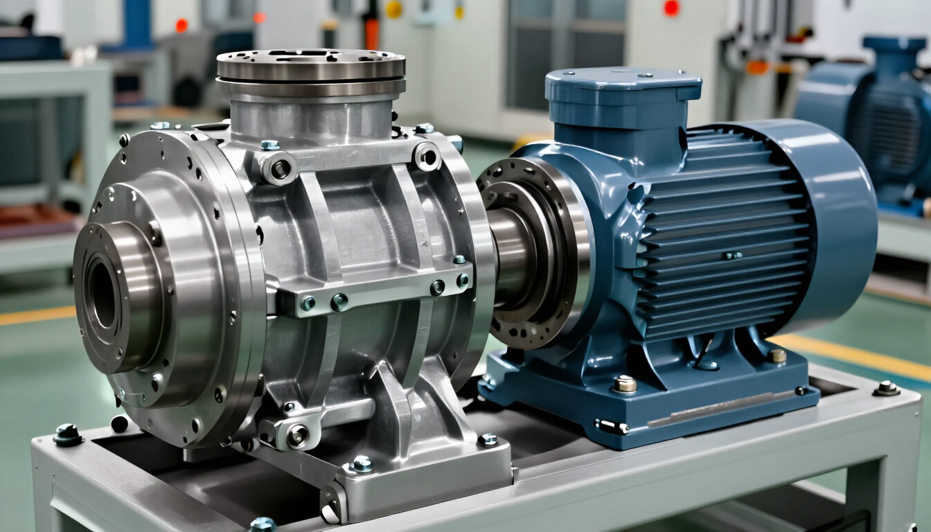 Bomba industrial acoplada a un motor eléctrico azul sobre un banco de trabajo de una fábrica