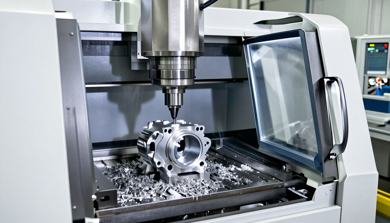 Fresadora CNC mecanizando una pieza metálica en un taller industrial, con virutas de metal alrededor de la mesa de trabajo