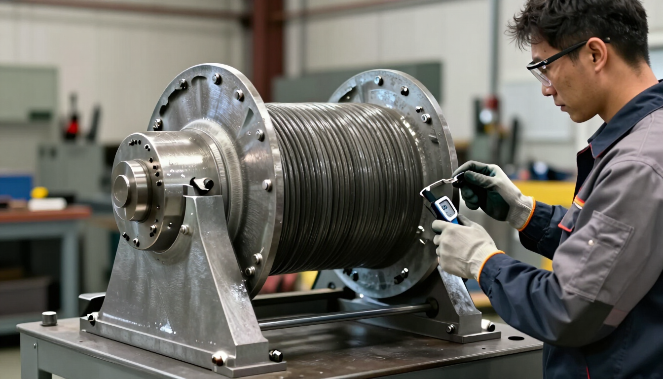 Técnico inspeccionando una gran bobina de cable industrial en un taller con un dispositivo portátil