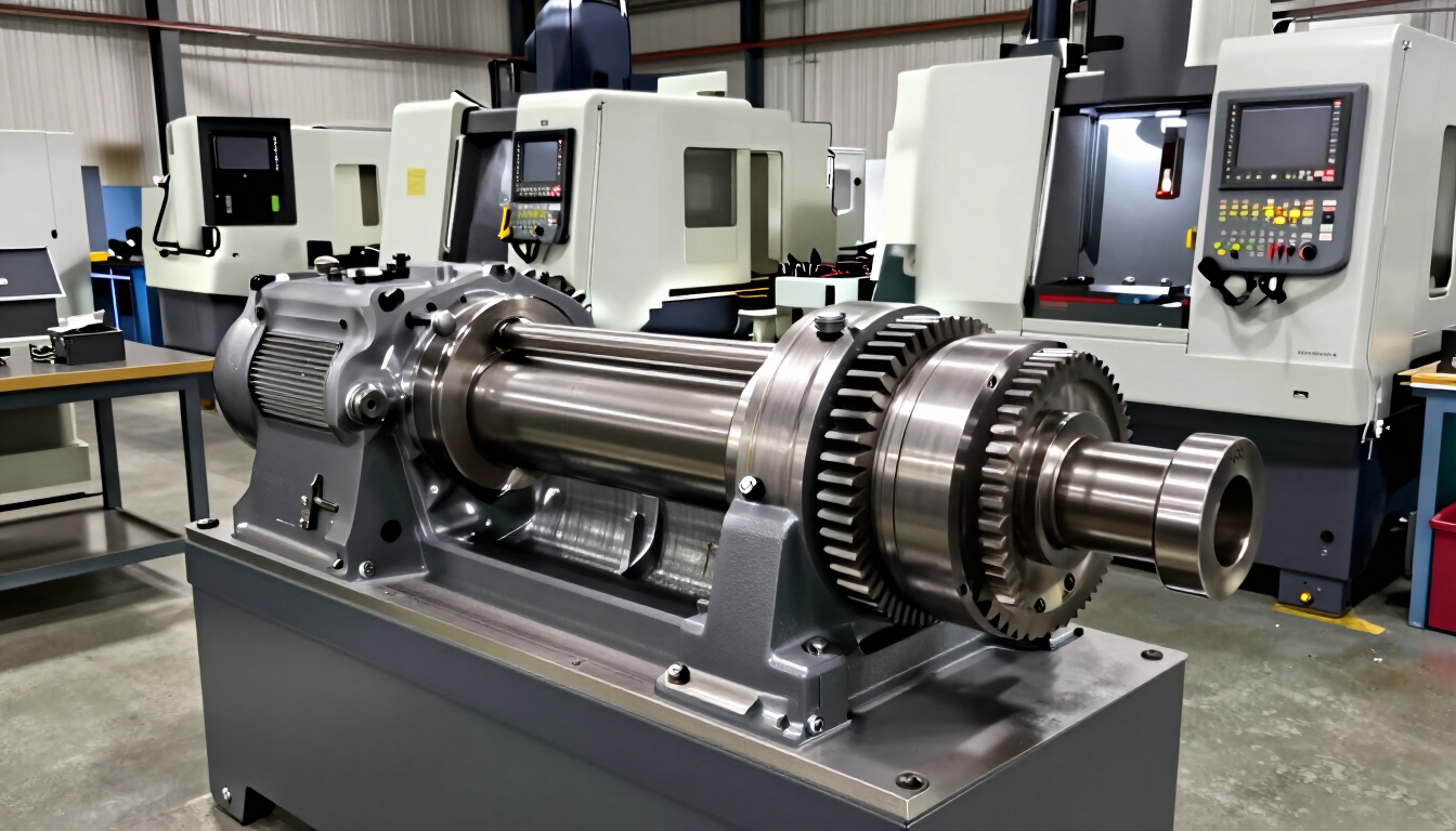 Conjunto industrial grande de ejes metálicos sobre la base de una máquina en un taller