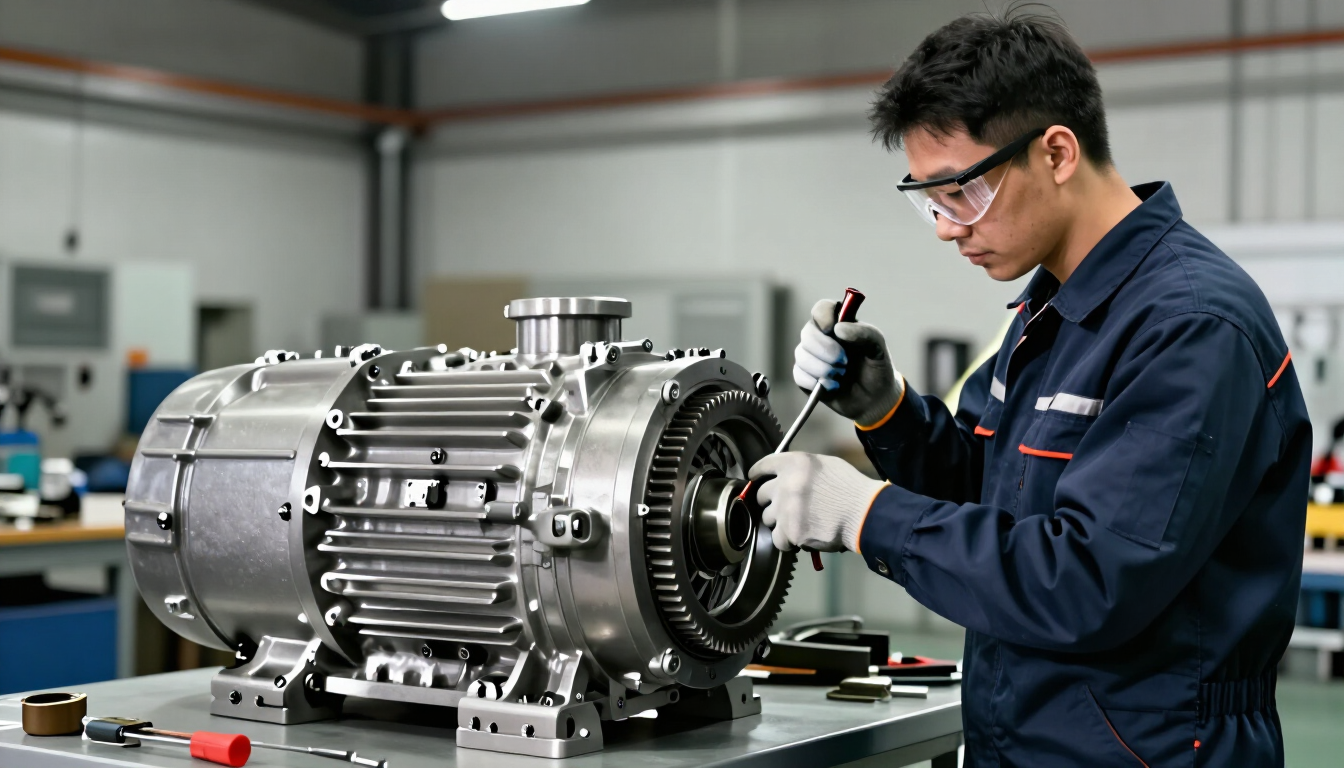 Técnico inspeccionando un gran motor industrial en un taller con una herramienta de mano