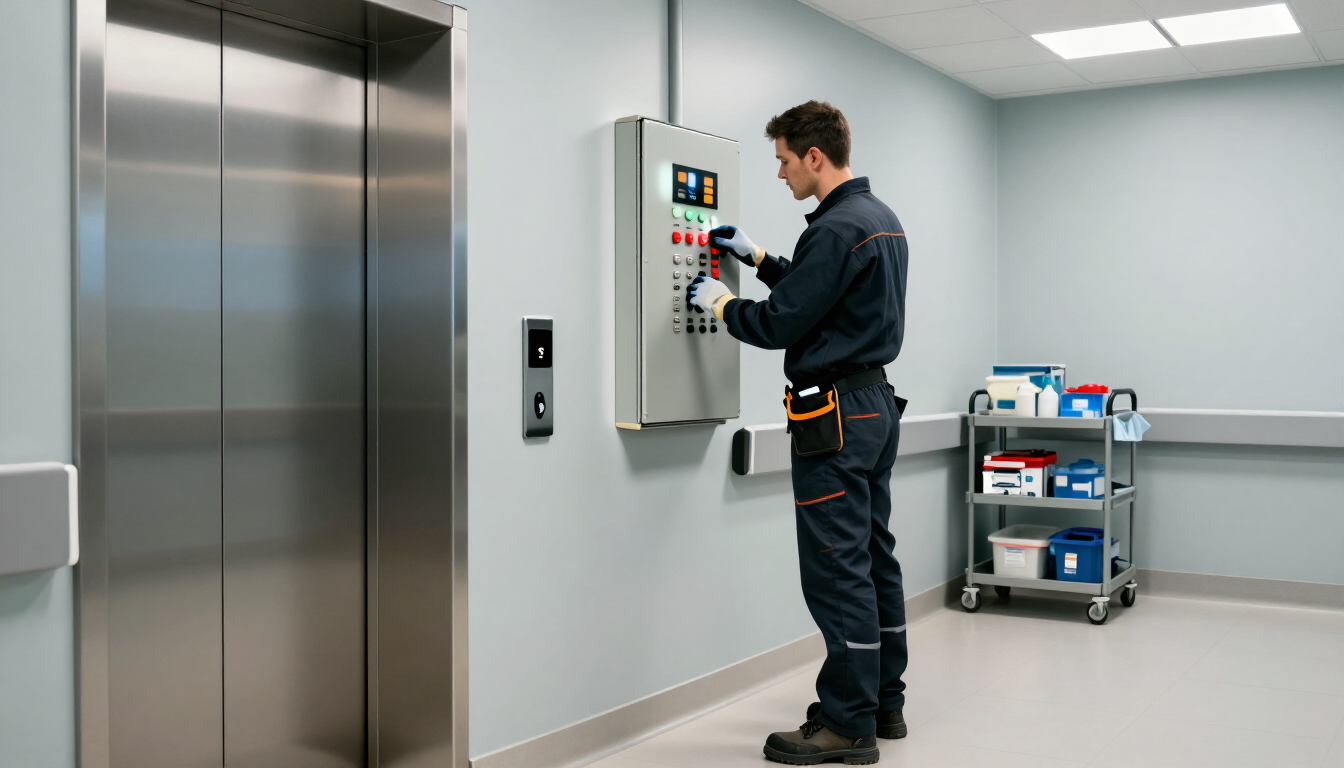 Técnico operando un panel de control montado en la pared junto a un ascensor en una sala industrial limpia.