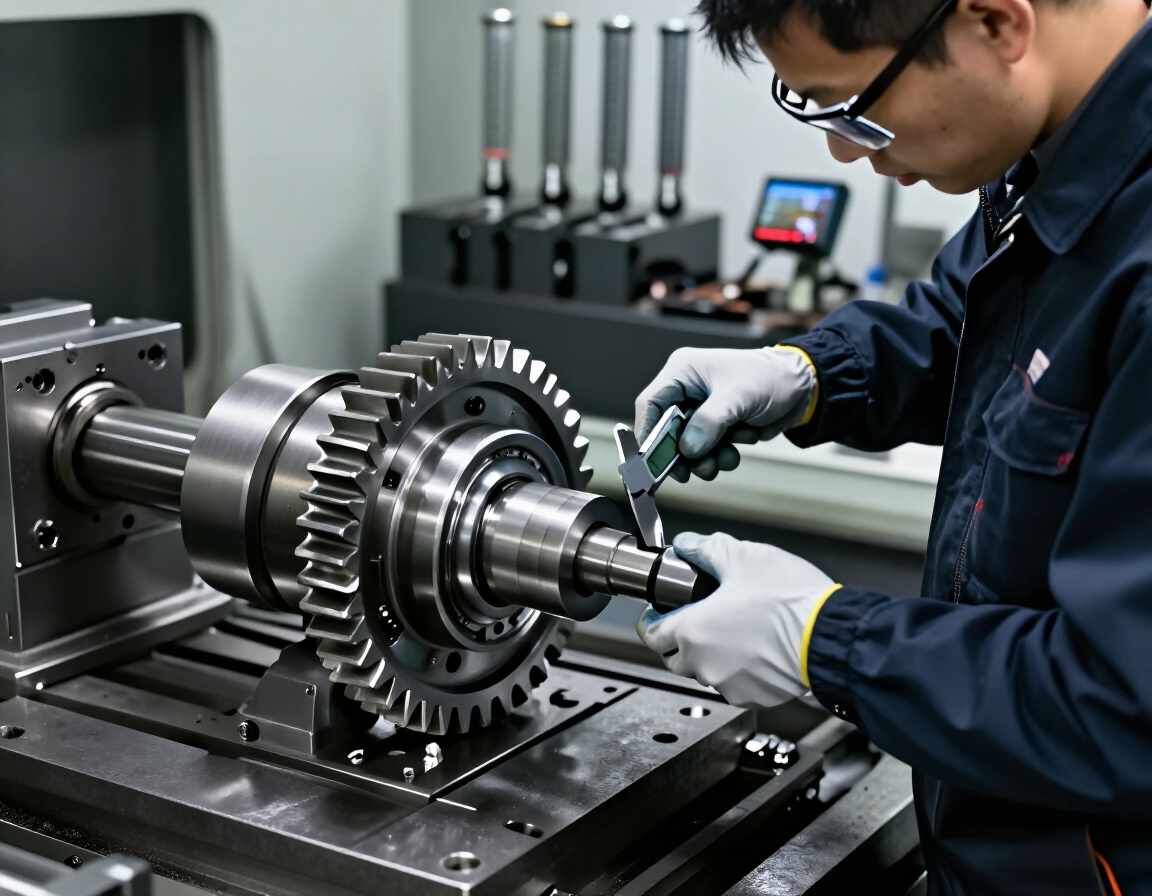 Técnico midiendo el eje de un engranaje metálico en un torno, en un taller