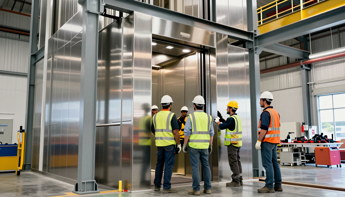 Trabajadores con cascos de seguridad inspeccionan una gran estructura de acero dentro de una fábrica