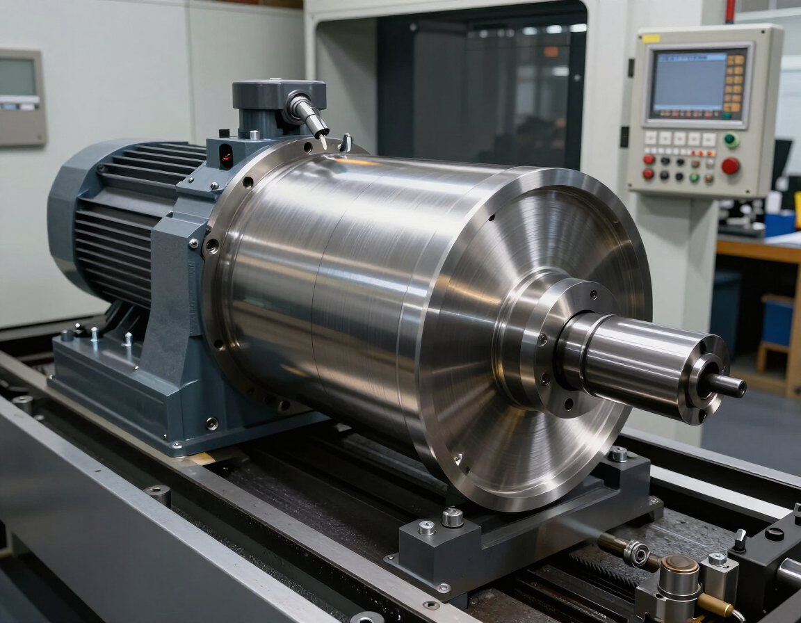 Gran cilindro metálico en un torno o una máquina rotativa de un taller, con un panel de control cerca.