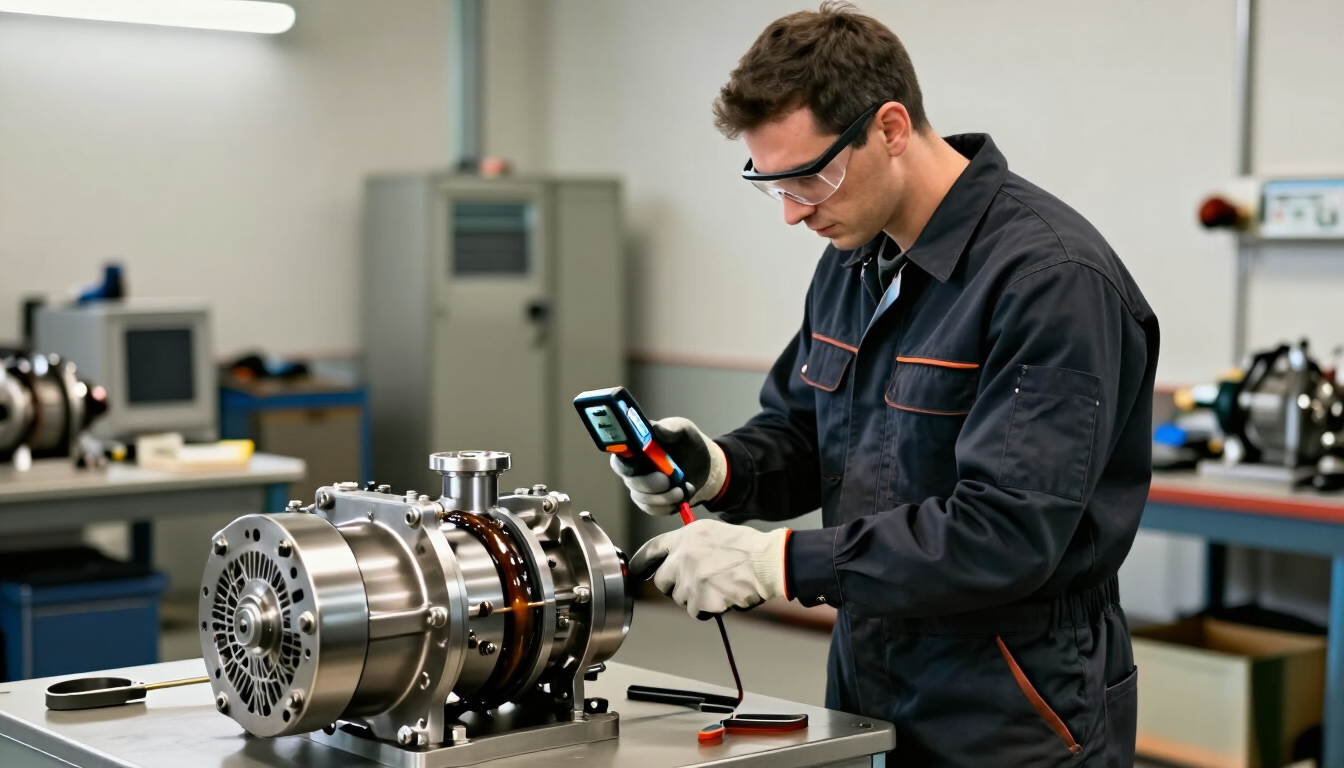 Técnico inspeccionando una pieza metálica de una máquina con un dispositivo portátil en un taller.