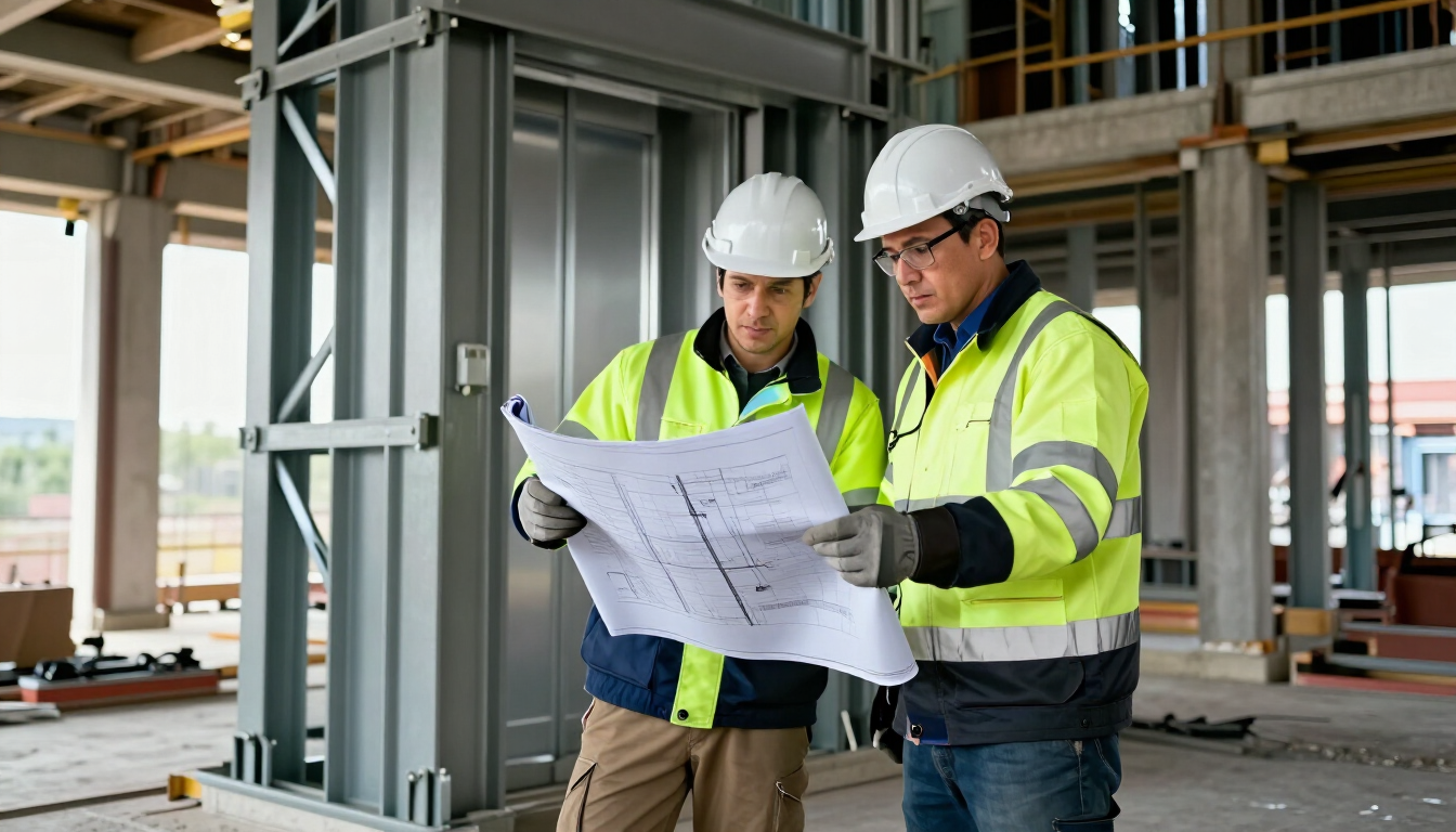 Dos obreros de la construcción con cascos revisan unos planos en una obra interior