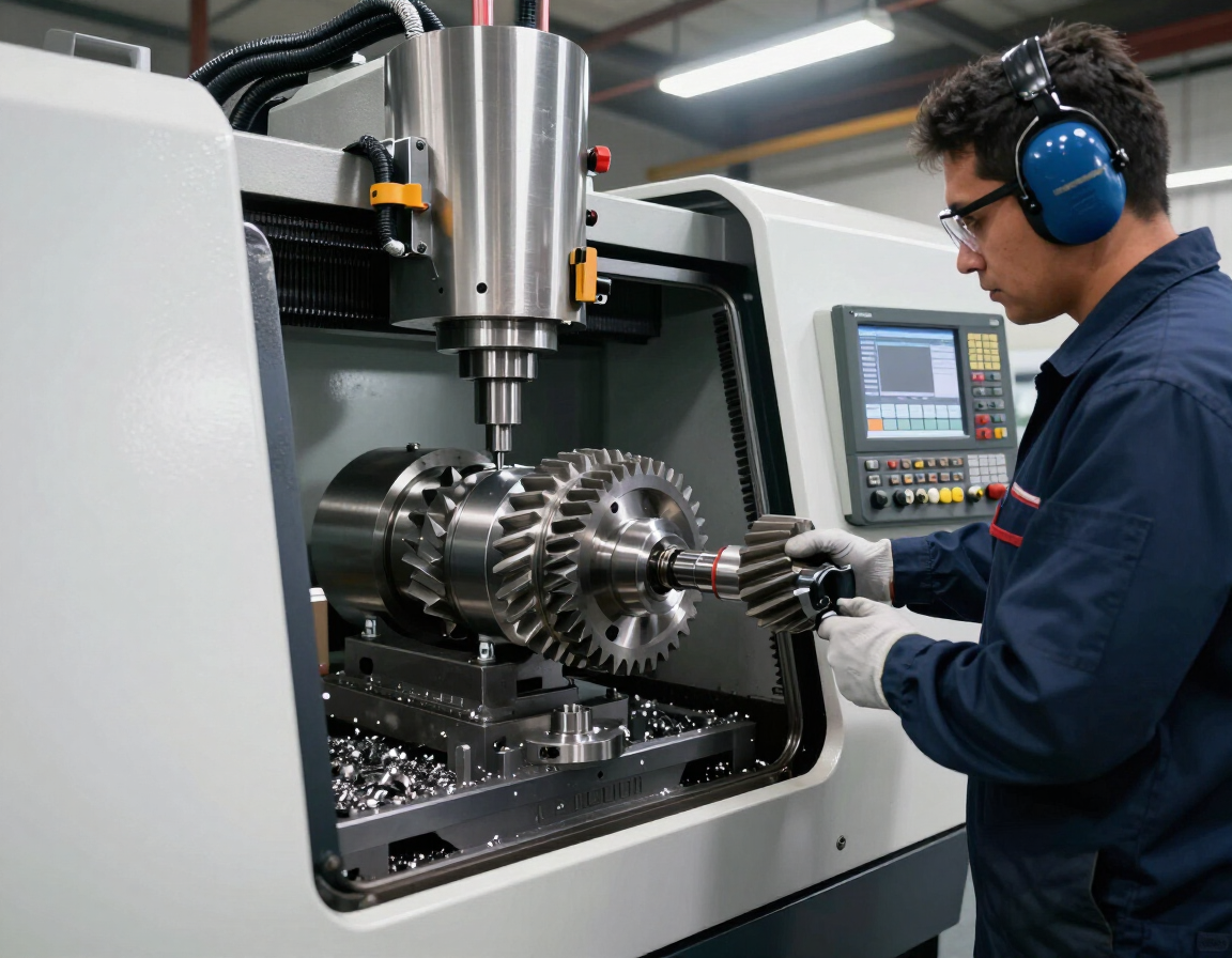 Un técnico con gafas de seguridad y orejeras maneja una máquina CNC con engranajes metálicos en su interior