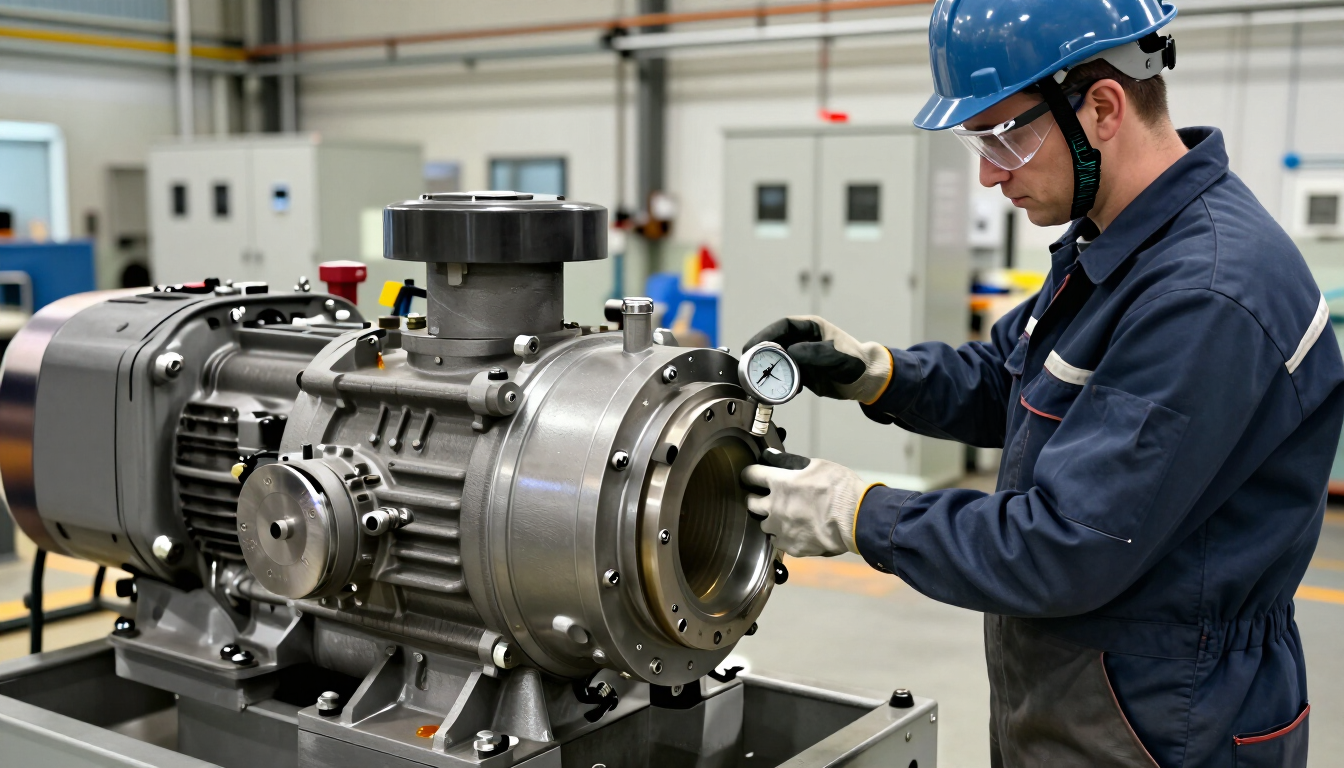 Técnico con casco azul inspeccionando una gran máquina metálica en el taller de una fábrica