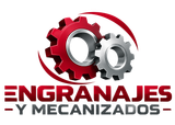 Logo de “Engranajes y Mecanizados” con dos engranajes, uno rojo y otro gris, sobre fondo blanco.
