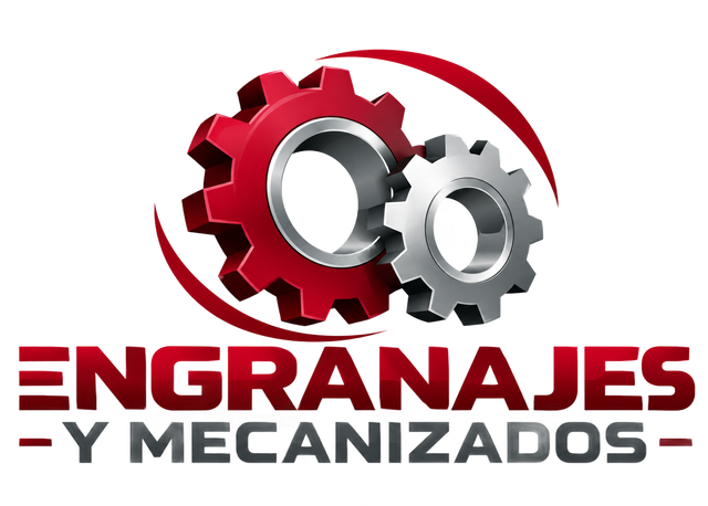 Logo de “Engranajes y Mecanizados” con dos engranajes, uno rojo y otro gris, sobre fondo blanco.