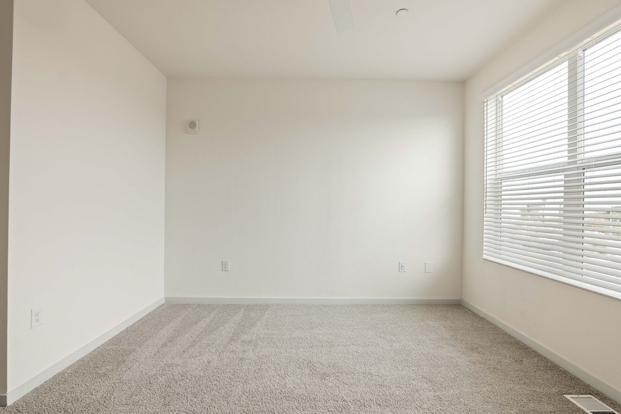 Empty carpeted room with a large window and white horizontal blinds.