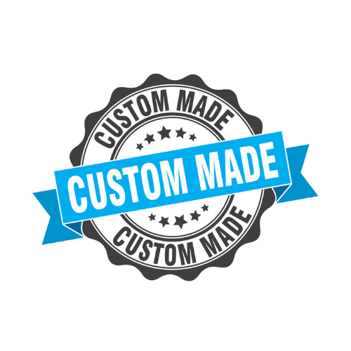 A custom made stamp with a blue ribbon around it.