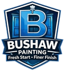 Logo for Bushaw Painting Co, featuring a paintbrush over a house silhouette, with text: Fresh Start Finer Finish.