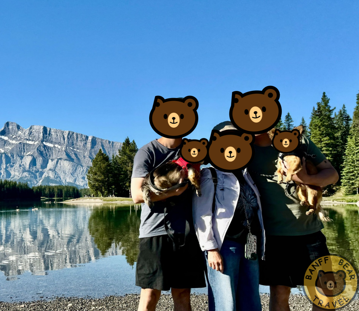 Happy guests on Banff Bear Travel small group tour, max 14 guests per tour from Calgary to Banff National Park