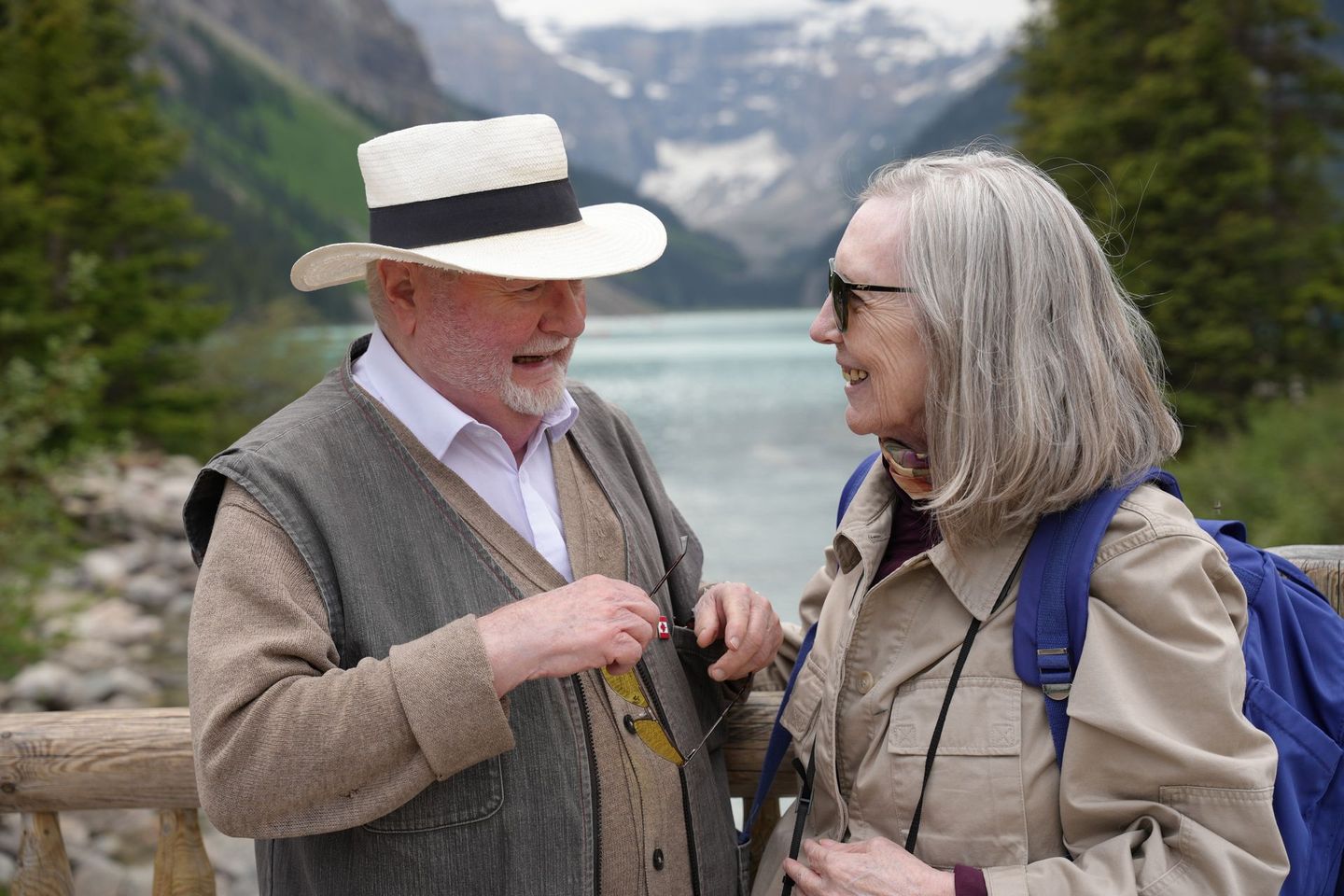 Senior couple enjoying Lake Louise, Banff Bear Travel slow travel small group tour all ages welcome