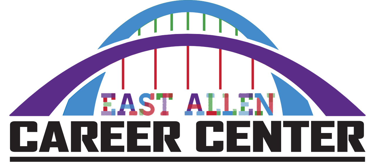 A logo for east allen career center with a bridge in the background