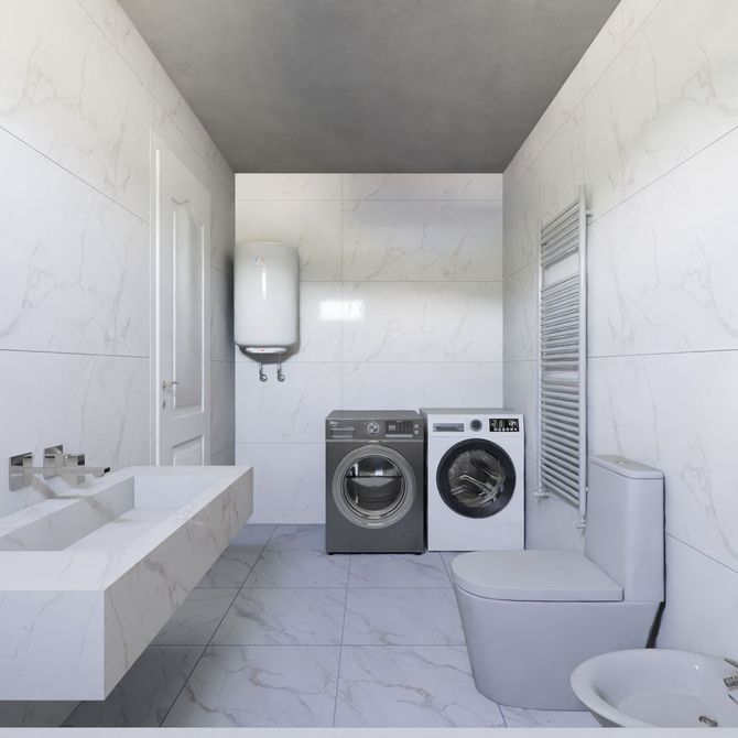 Modern white bathroom with a sink, toilet, washing machine, dryer, and wall-mounted water heater
