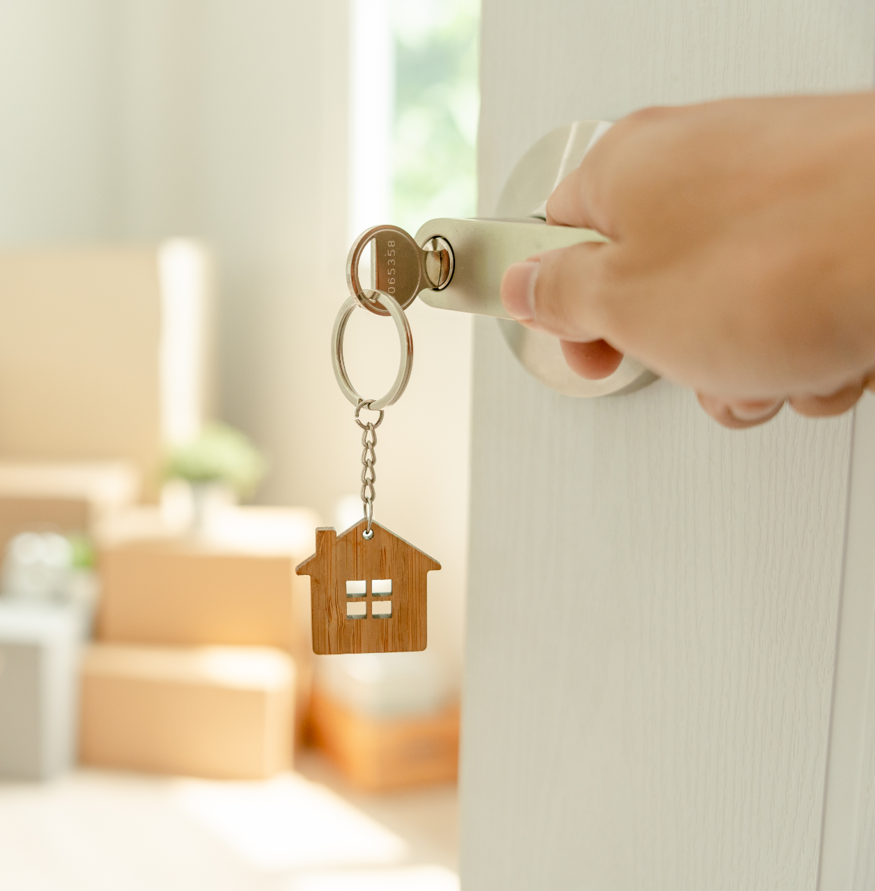 A person is holding a key with a house keychain attached to it