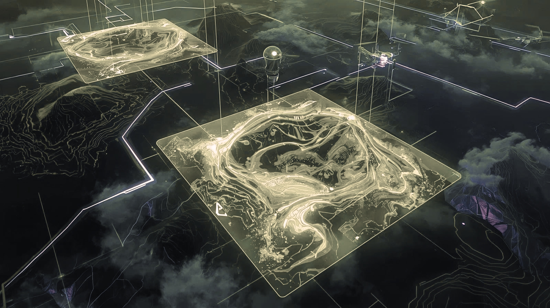 An aerial view of futuristic high-tech topographical analysis for regenerative land design.