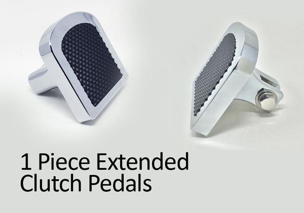 Chrome extended clutch pedals with textured black grip pads, angled against a white background.