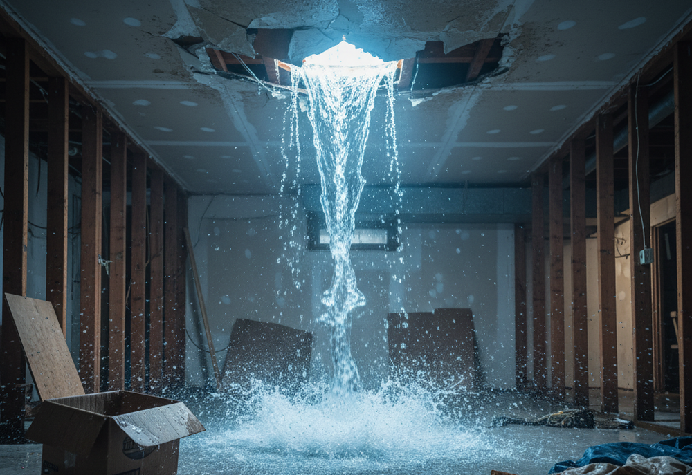 Water pouring from a hole in a damaged ceiling into a room, splashing on the floor.