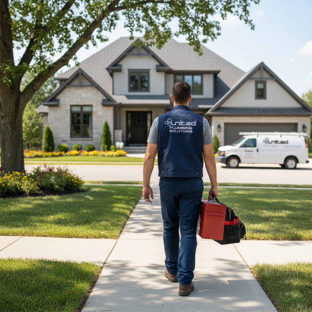 Person in a United Plumbing uniform walks toward a house, carrying a toolbox; van parked in the background.