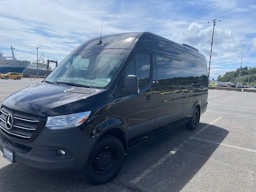 A black mercedes sprinter van is parked in a parking lot.