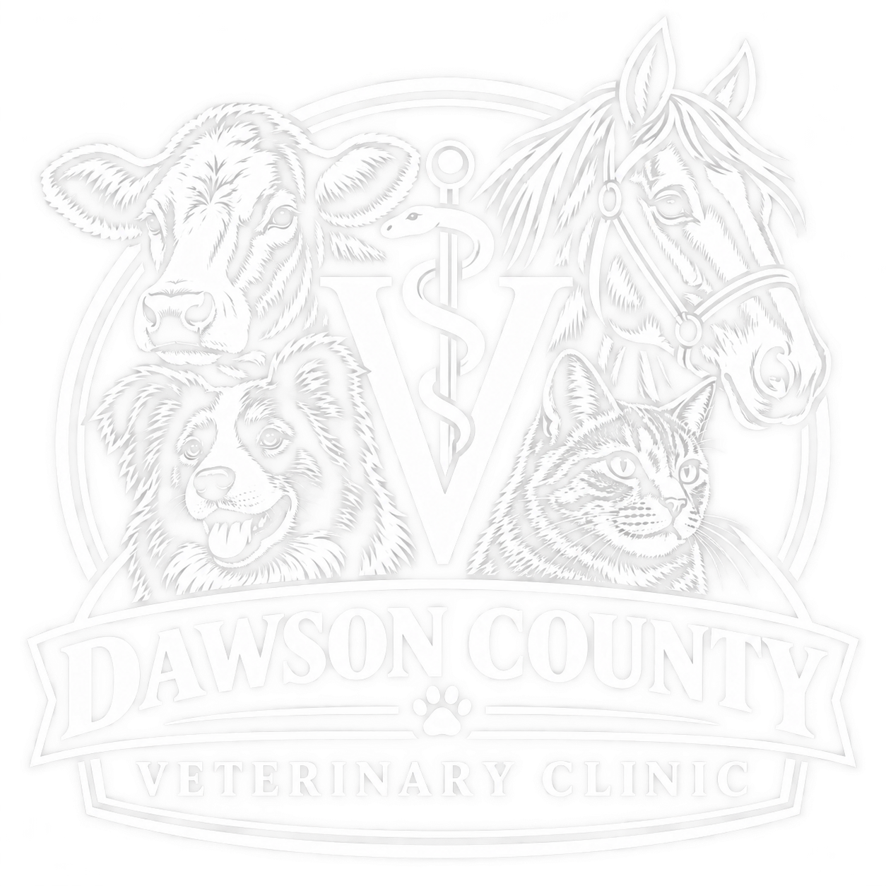 Dawson County seal with horse, cow, and dog above a banner and caduceus emblem