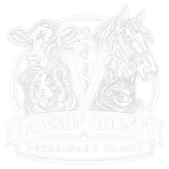 Dawson County seal with horse, cow, and dog above a banner and caduceus emblem