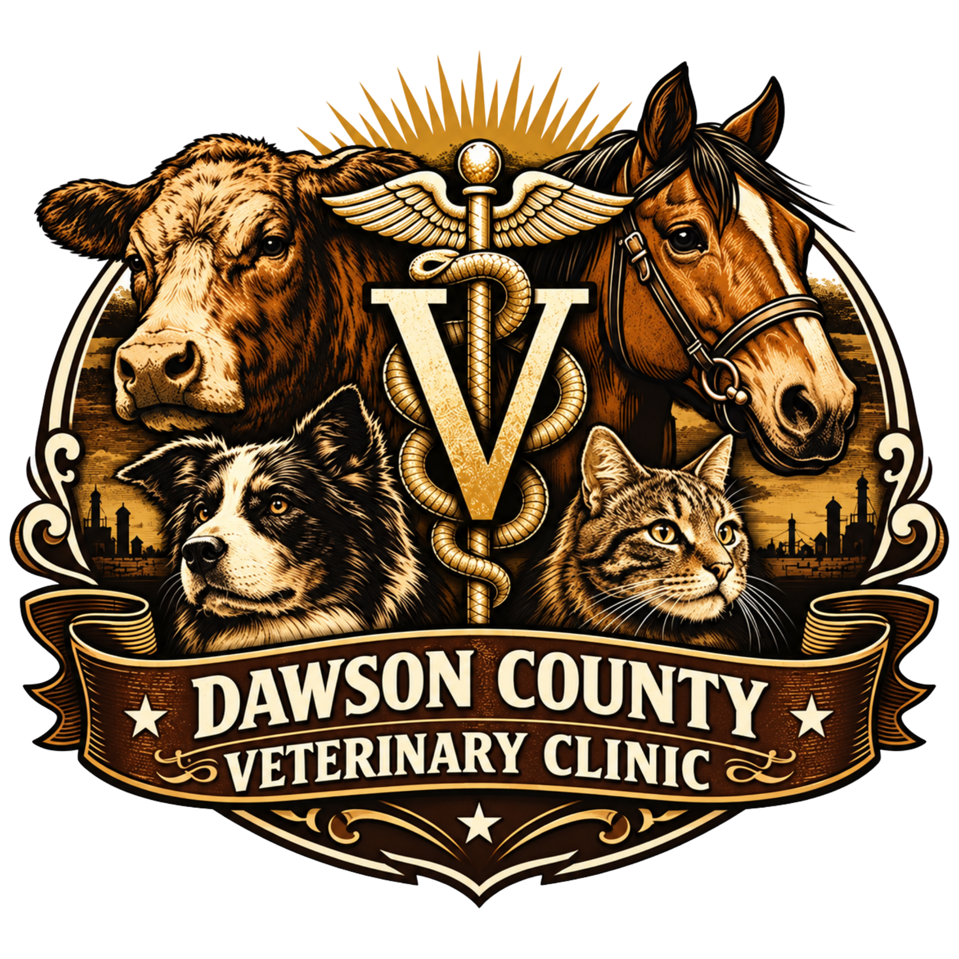 Dawson County Veterinary Clinic logo with cow, horse, dog, and cat around a caduceus emblem
