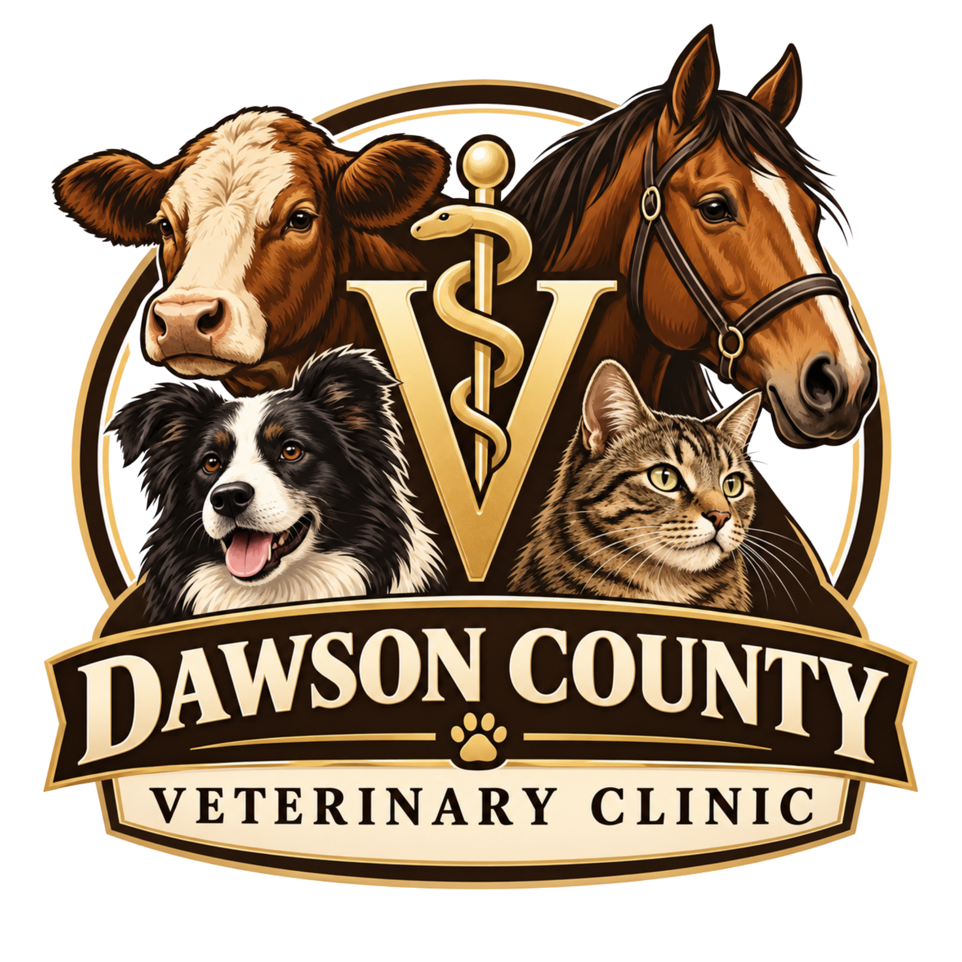 Dawson County Veterinary Clinic logo with cow, horse, dog, cat, and gold veterinary emblem