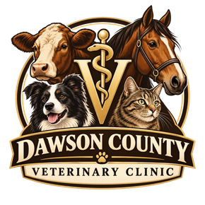 Dawson County Veterinary Clinic logo with cow, horse, dog, cat, and gold veterinary emblem