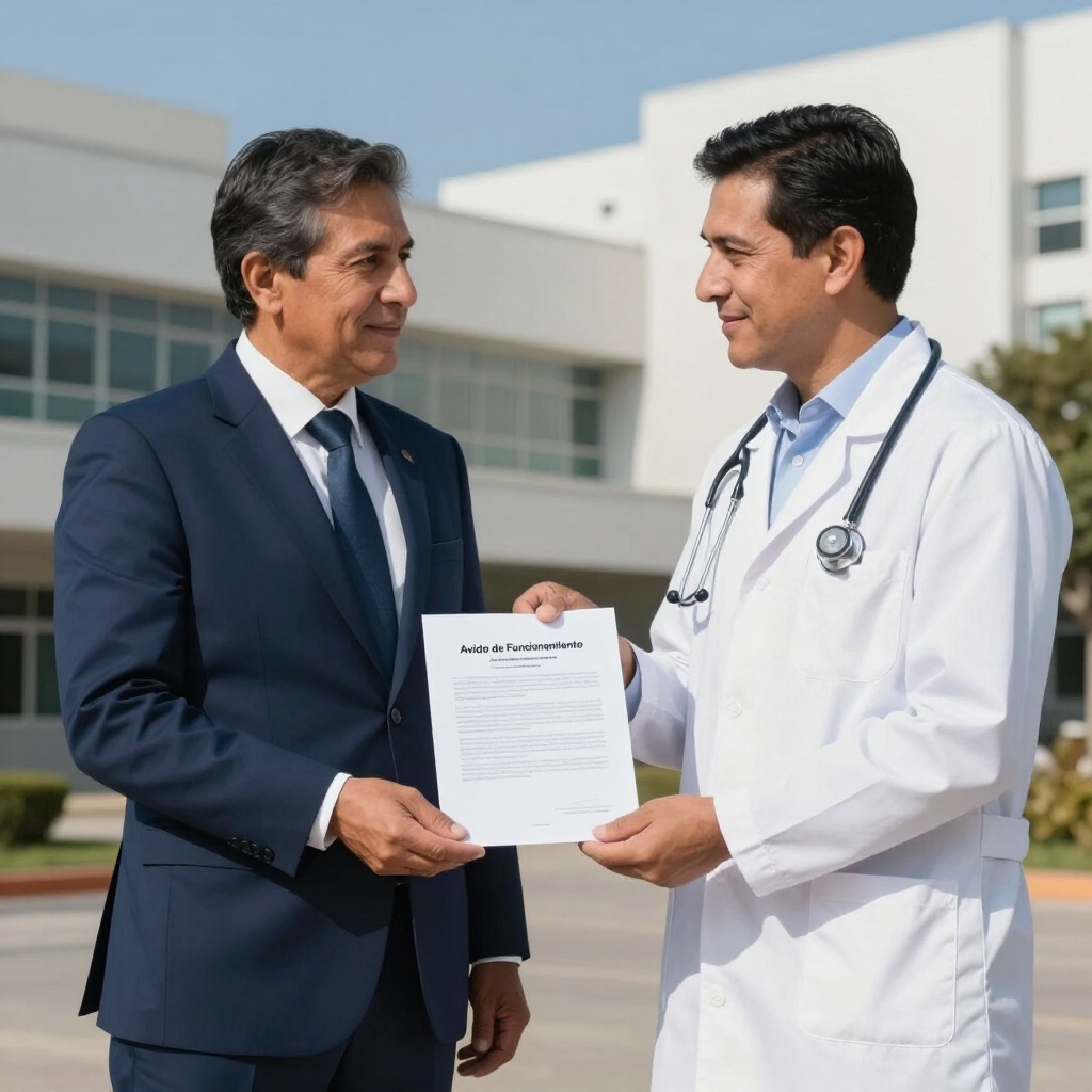 Un médico con bata blanca y un hombre con traje azul marino sostienen un documento frente a un edificio moderno.