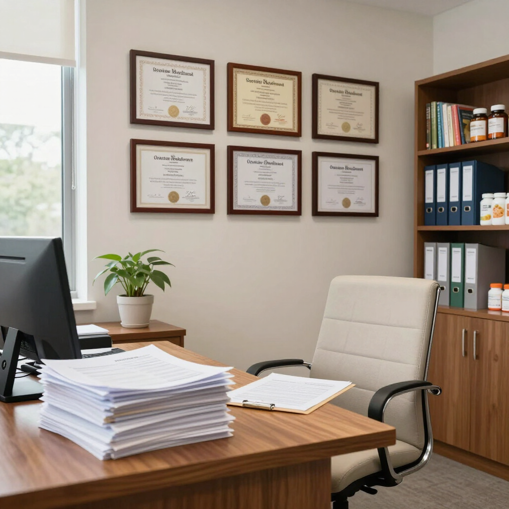 Oficina luminosa con escritorio, pilas de papeles, ordenador, certificados enmarcados y una silla junto a la ventana.