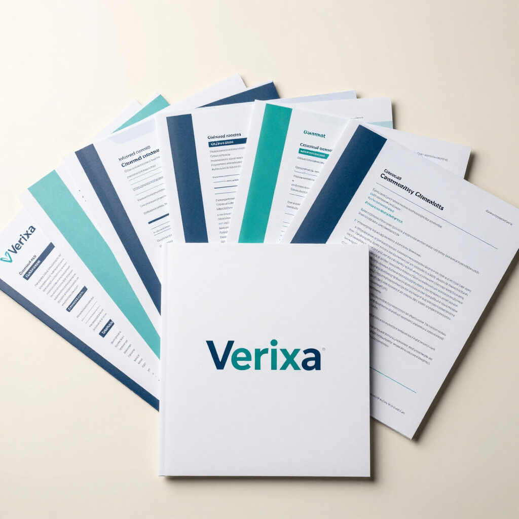 Carpeta de presentación con la marca Verixa, con páginas de documentos de color verde azulado y azul marino desplegadas detrás.